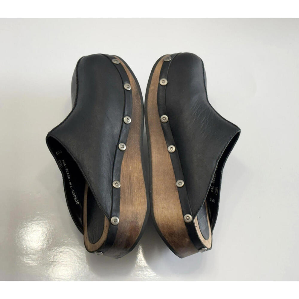Rare Canyon River Blues Gordon Womens 7M Black Leather Wooden Sole Comfort Clogs - Picture 6 of 16